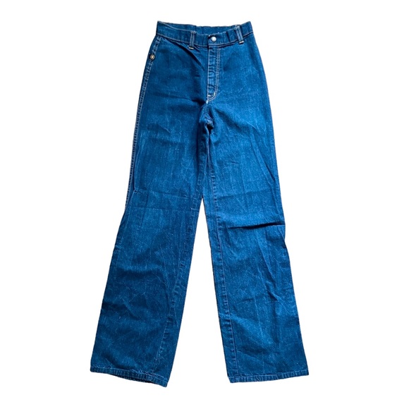 RARE Vintage 70s Plush Bottoms Bell Bottoms Wide Leg Denim Jeans, sz 5 - Picture 2 of 9